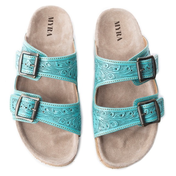 New Turquoise Myra Bag Hand Tooled Genuine Leather Summer Sandal Sunflower - Picture 3 of 16